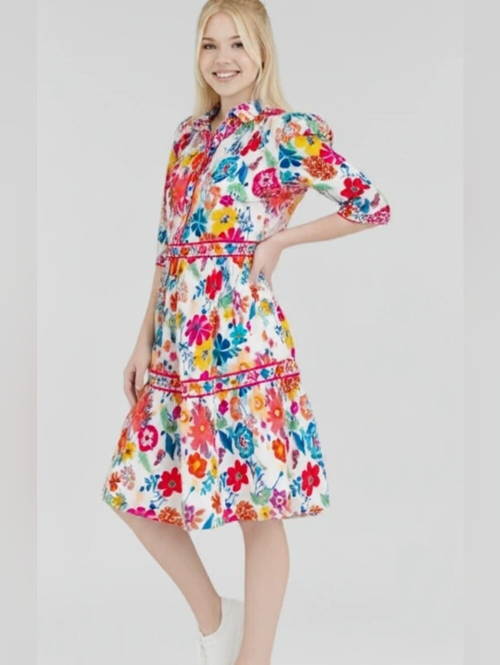 Sohana (Sz M) Multicolor Floral PuffSS Midi Dress in White, Pink & Yellow Blooms - Picture 14 of 15